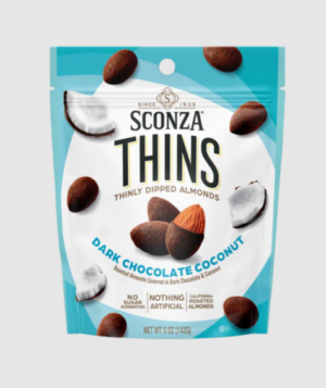 Sconza Thins Dark Chocolate Coconut Almonds 5oz Peg Bags 6ct